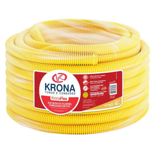 Eletroduto de PVC Corrugado 20mm Flexível (Parede) Amarelo Rolo 50m Krona