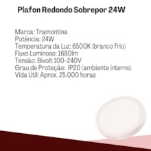Plafon Led Sobrepor Redondo 24W BR 6500K Bivolt Tramontina