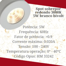 Spot LED Redondo Sobrepor Branco 5W 3000K Bivolt Opus